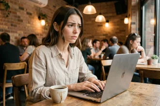 Jeune femme utilisant un ordinateur portable connecté à un réseau wifi public dans un café urbain, illustrant les risques pour les données personnelles