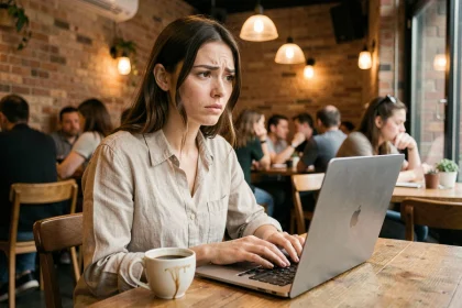 Jeune femme utilisant un ordinateur portable connecté à un réseau wifi public dans un café urbain, illustrant les risques pour les données personnelles