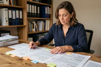 Femme au bureau comparant plusieurs versions imprimées d'un document avec annotations manuscrites et onglets colorés