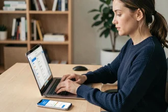 Femme utilisant un gestionnaire de mots de passe sur ordinateur portable et smartphone dans un bureau moderne