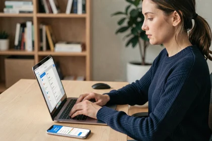 Femme utilisant un gestionnaire de mots de passe sur ordinateur portable et smartphone dans un bureau moderne