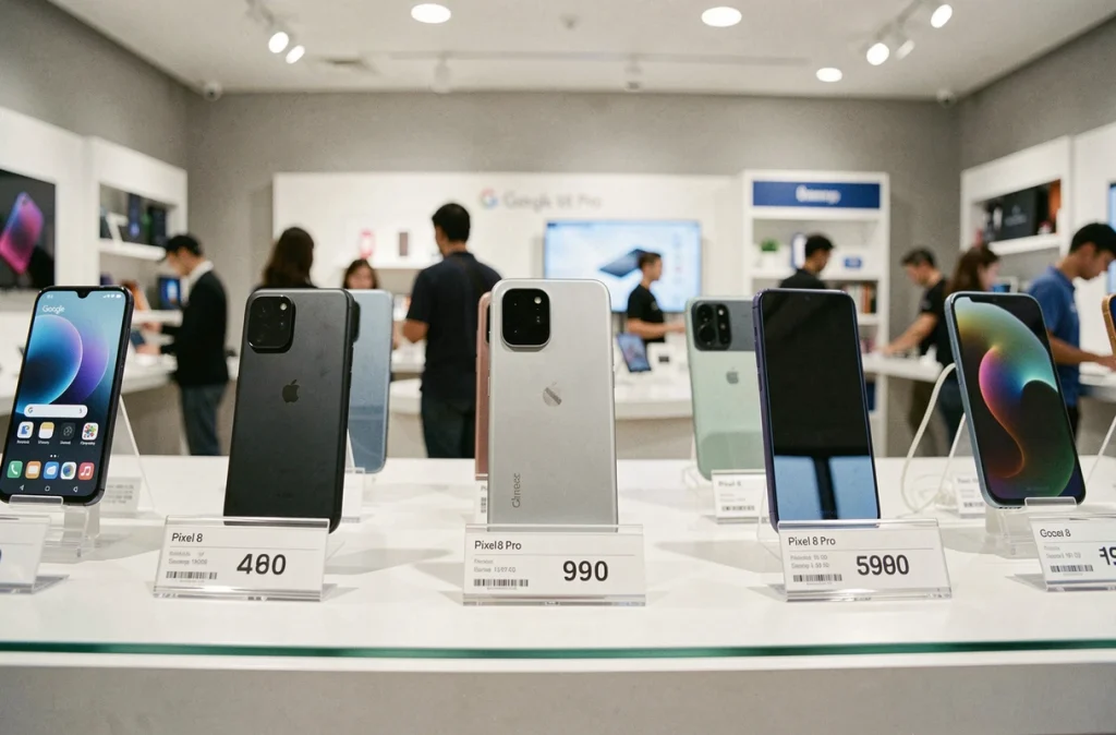Google Pixel 8 Pro exposé en rayon dans une boutique tech avec étiquette de prix visible, comparaison en magasin