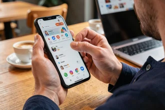 Homme tenant un Google Pixel 8 Pro dans un café moderne, écran Android allumé, vue rapprochée en situation réelle