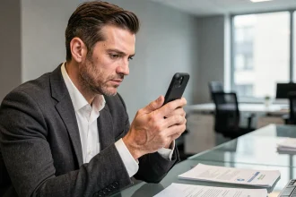 Homme d'affaires analysant un téléphone chiffré PGP dans un bureau moderne