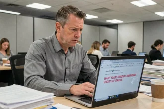 Homme d'affaires inquiet face à un email de phishing sur son ordinateur portable au bureau