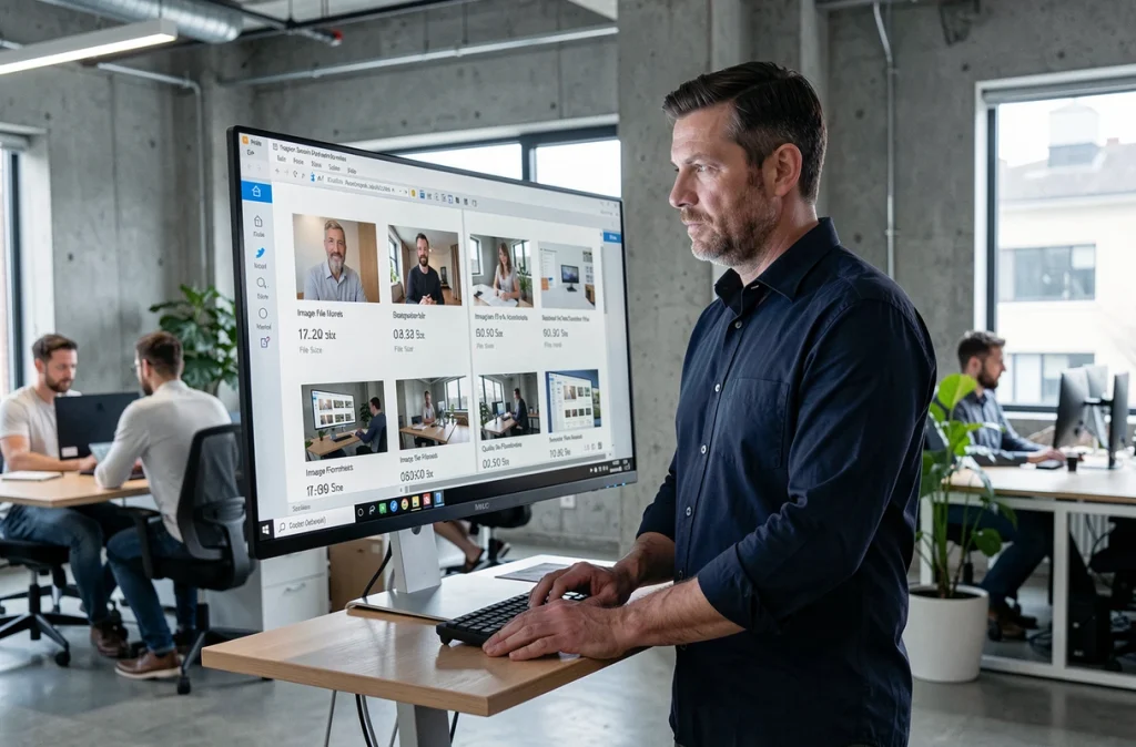 Homme comparant des formats de fichiers image sur un grand écran dans un bureau en open space