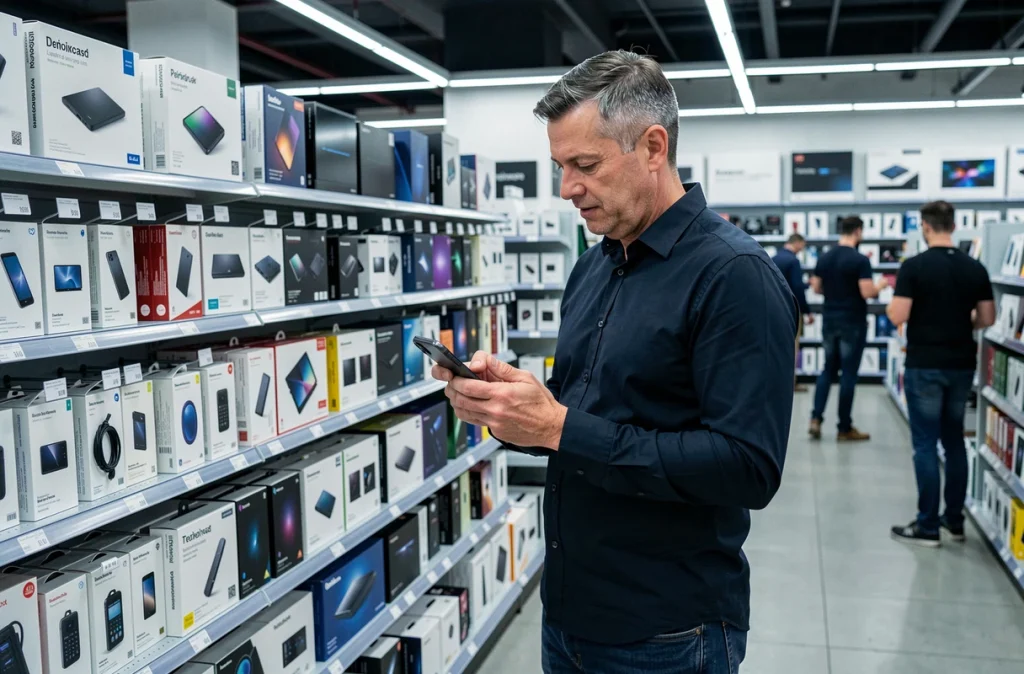 Homme consultant un comparateur de prix en ligne sur smartphone dans un magasin d'électronique avant un achat