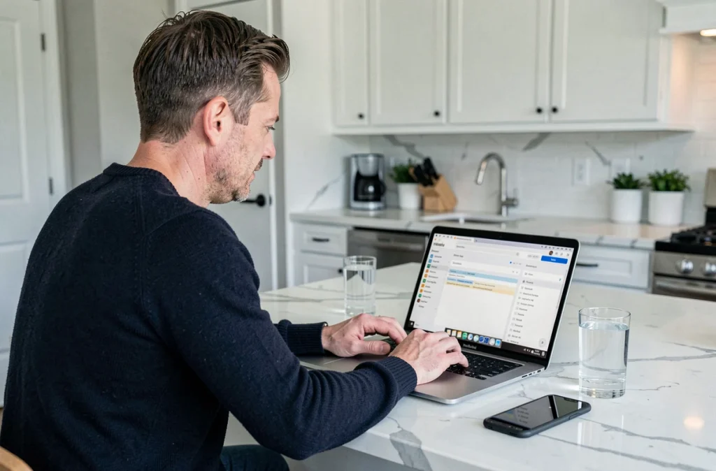 Homme configurant les filtres anti-spam et les dossiers de sa boîte mail sur un laptop dans une cuisine moderne