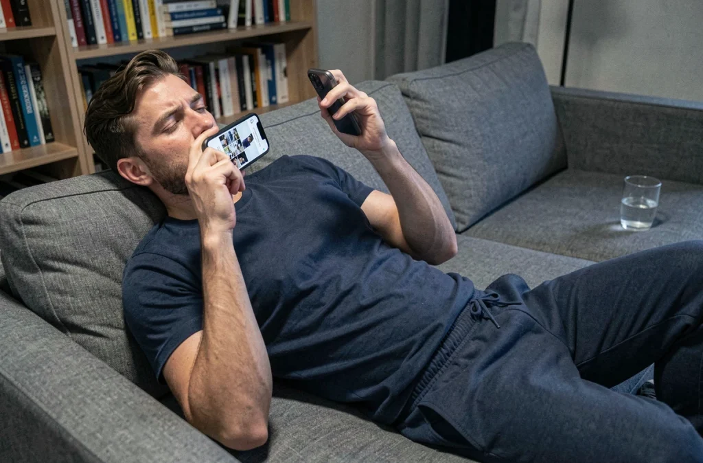 Homme allongé sur un canapé qui consulte discrètement le profil Instagram d'un ex sur son téléphone