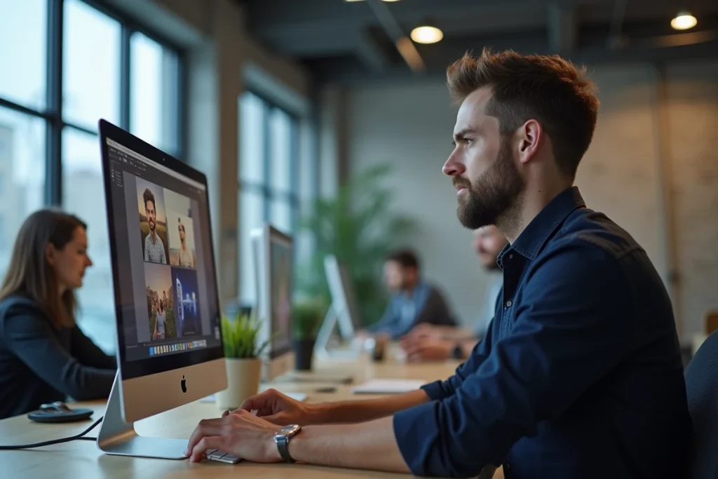 Homme en co-working hébergeant ses premières images sur une plateforme web depuis un ordinateur de bureau