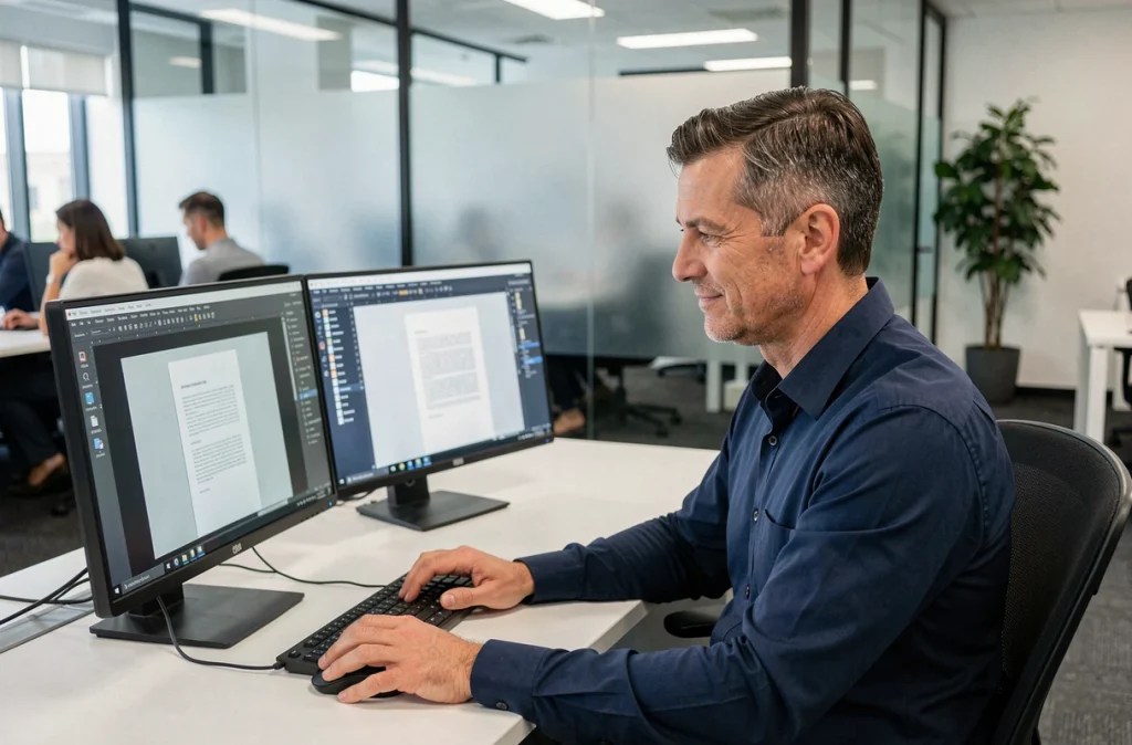 Homme d'affaires créant des modèles de documents personnalisés sur un double écran dans un bureau professionnel en open space