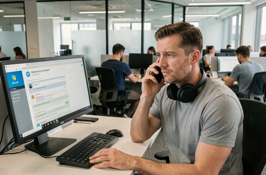 Homme en entreprise au téléphone face à une fenêtre de faux support technique sur son écran d'ordinateur, illustrant les arnaques informatiques en milieu professionnel