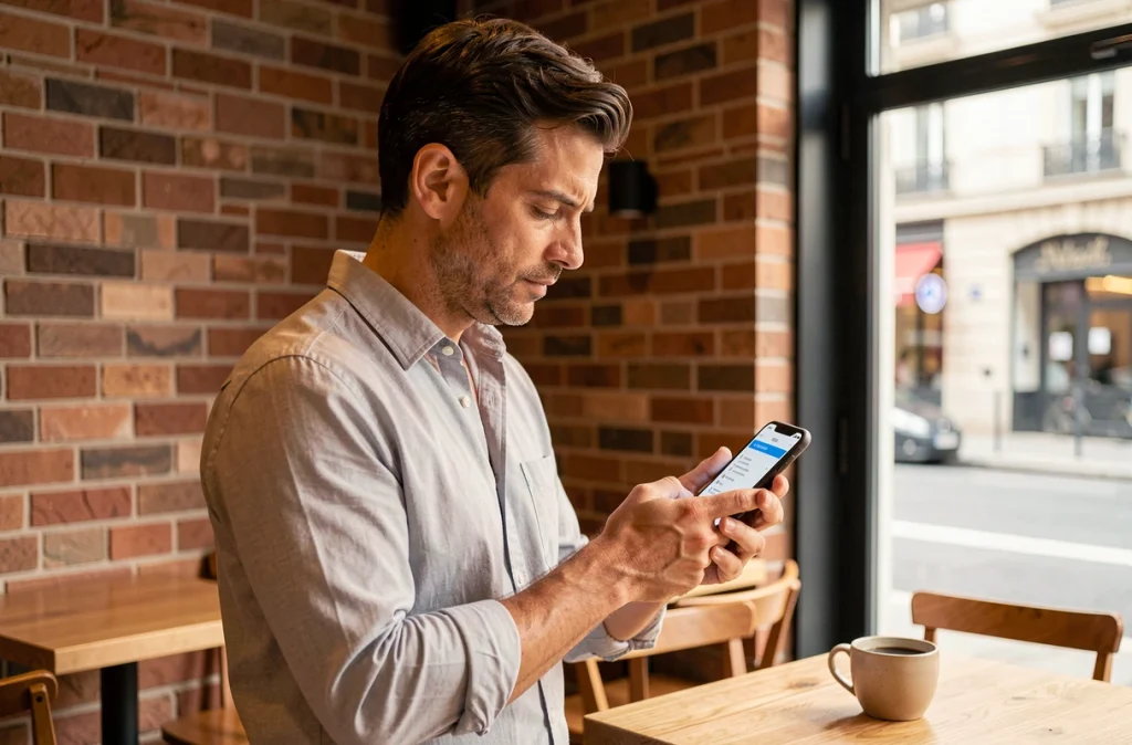 Homme consultant sa messagerie nomade IntraParis depuis un café parisien sur smartphone