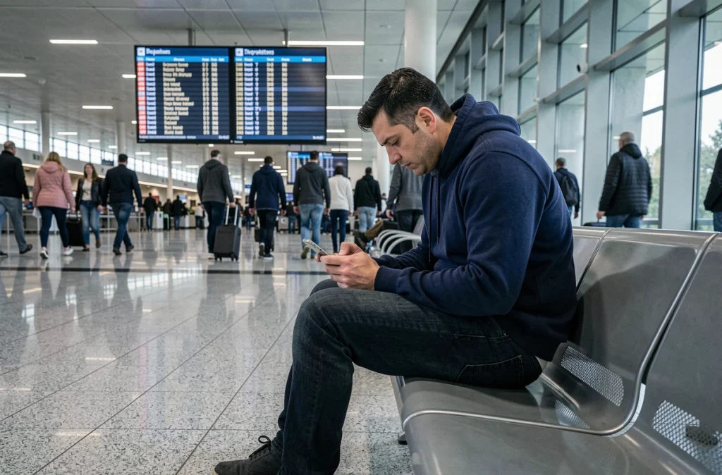 Homme consultant son smartphone connecté au wifi public dans un aéroport très fréquenté, symbolisant la vulnérabilité des données personnelles en déplacement