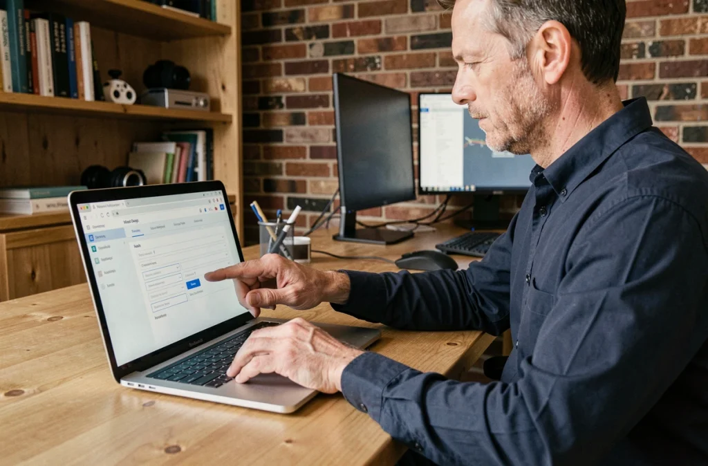 Homme en télétravail sélectionnant une option dans un menu déroulant sur son ordinateur portable