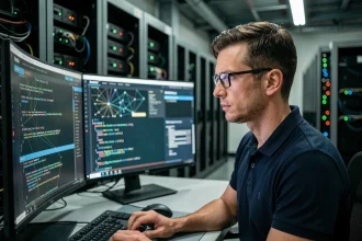 Ingénieur en cybersécurité analysant des tableaux de bord de sécurité réseau dans une salle de serveurs industrielle