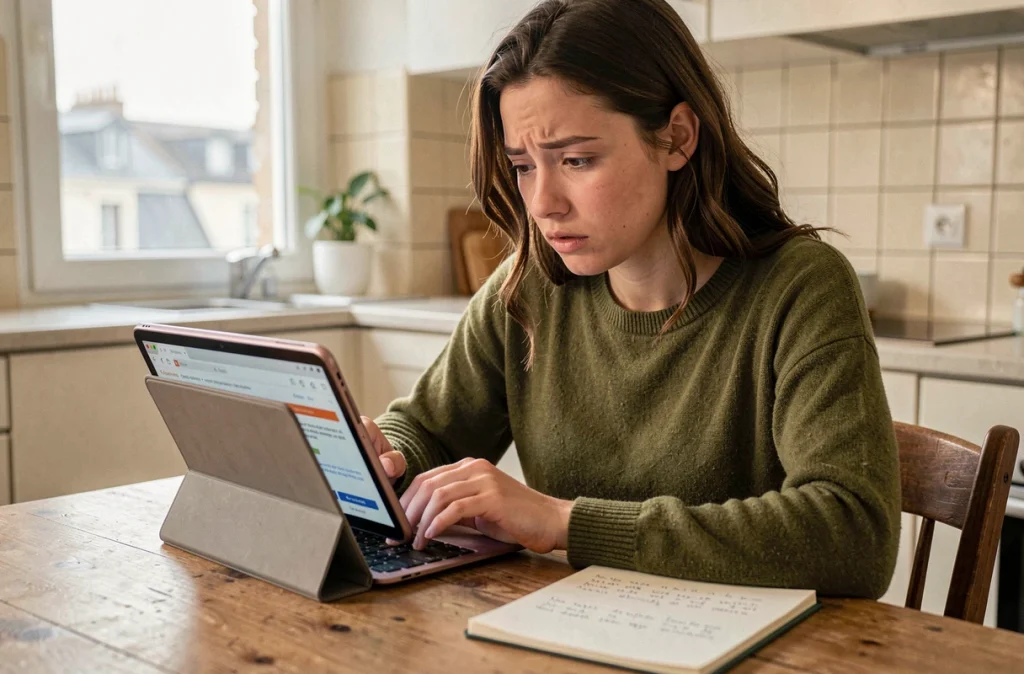 Jeune enseignante consultant sa messagerie académique Normandie sur une tablette depuis son domicile