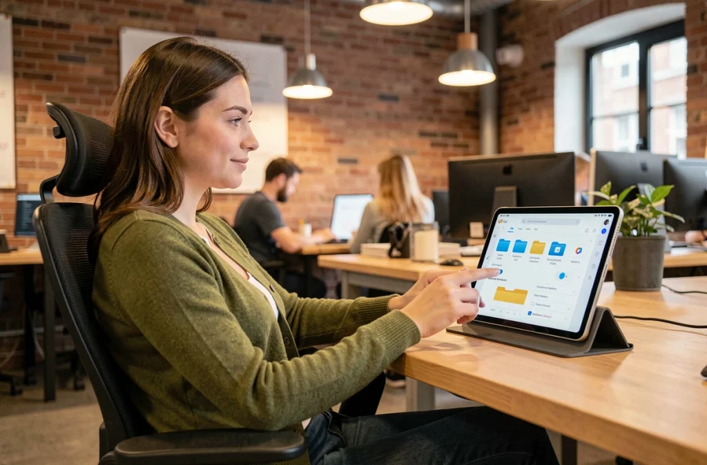 Jeune femme gérant l'organisation de sa boîte mail Orange sur une tablette dans un espace de coworking