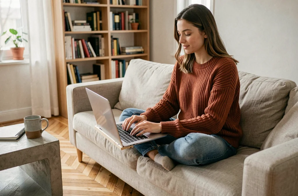 Jeune femme créant un modèle de document personnalisé sur un ordinateur portable depuis son canapé dans un salon cosy