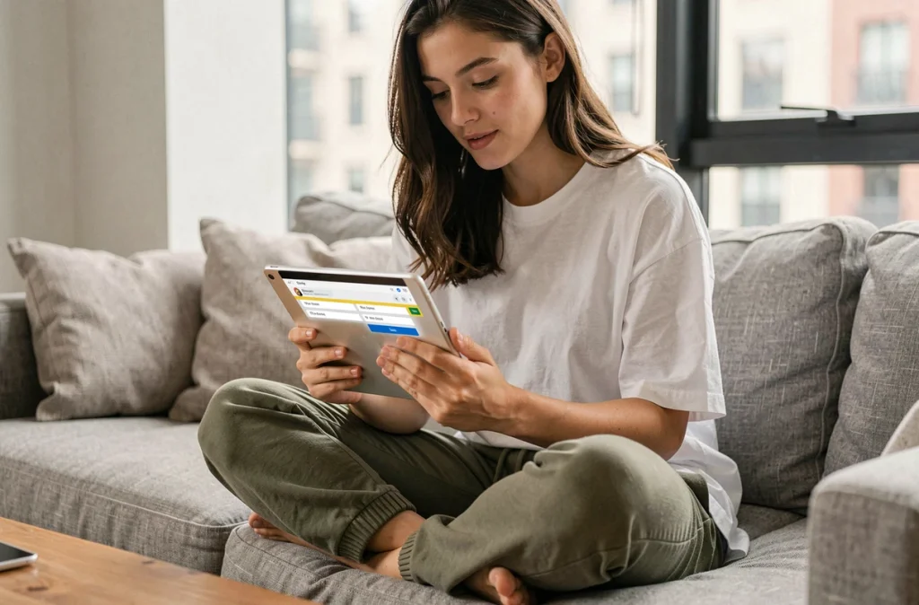 Jeune femme sélectionnant un format de fichier pour partager du contenu sur les réseaux sociaux depuis une tablette
