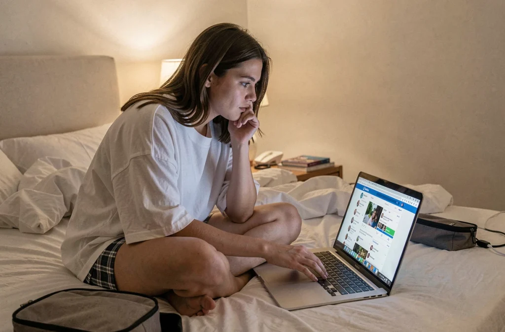 Jeune femme assise sur son lit la nuit qui regarde le profil d'un ex sur les réseaux sociaux via son ordinateur portable