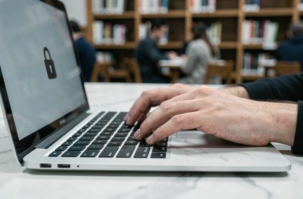 Gros plan sur des mains tapant sur un ordinateur portable dans une bibliothèque publique, illustrant les risques liés à la connexion sur un réseau wifi non sécurisé