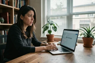Femme consultant un message d'erreur 'Utilisateur introuvable' sur son ordinateur portable dans un bureau à domicile