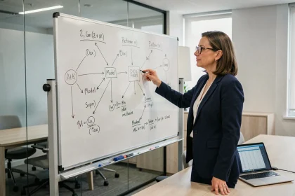 Professionnelle pointant un diagramme de modèle abstrait sur un tableau blanc en salle de réunion moderne