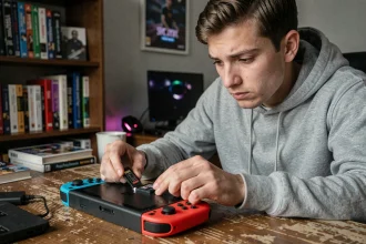Jeune homme insérant une carte SD dans une Nintendo Switch sur un bureau encombré, évoquant la modification de console
