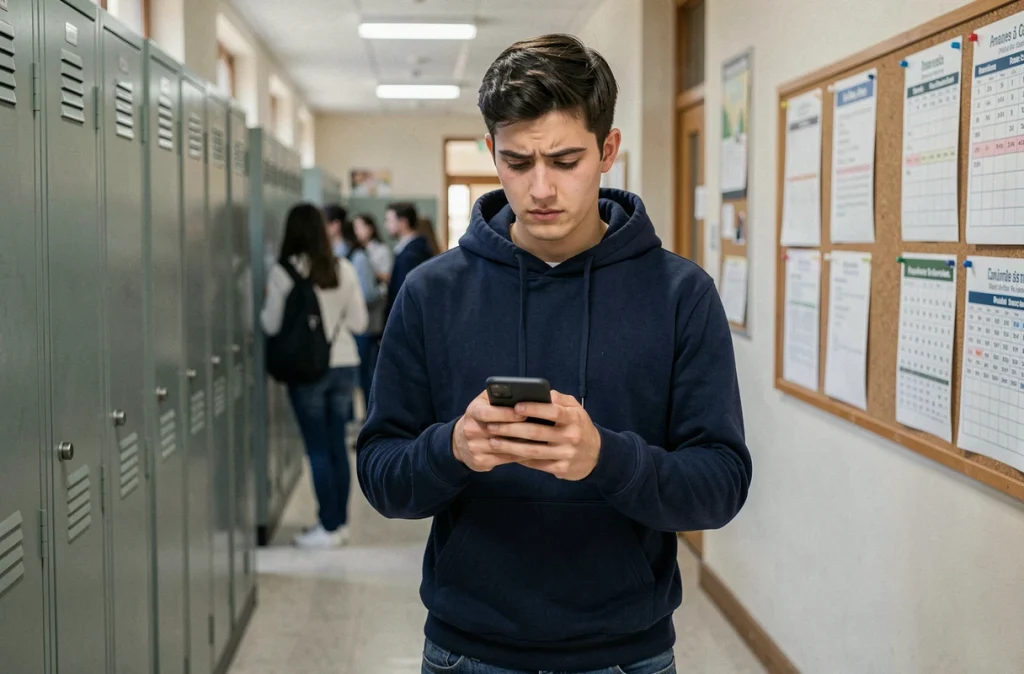 Nouvel enseignant consultant ses emails mel AC Normandie sur smartphone dans un couloir de lycée