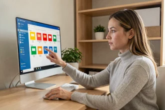 Femme organisant ses dossiers colorés dans l'explorateur de fichiers Windows sur un bureau home office
