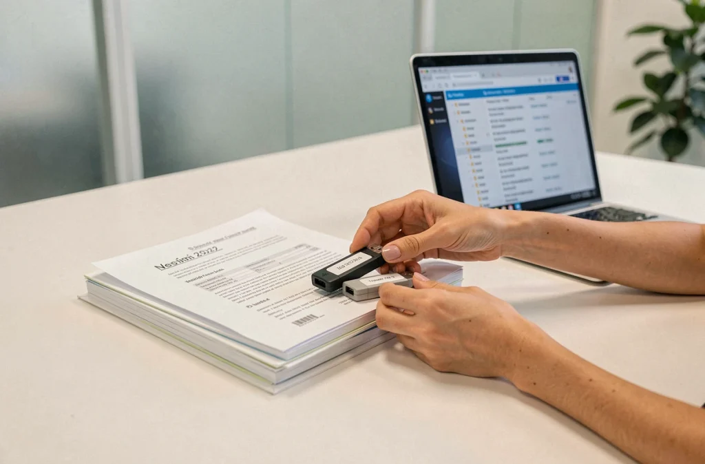 Mains féminines organisant des clés USB et dossiers étiquetés avec dates pour gérer les versions successives de fichiers