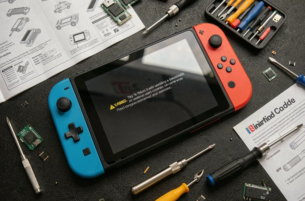 Vue aérienne d'une Nintendo Switch entourée d'outils de modification et de composants électroniques sur un bureau technique