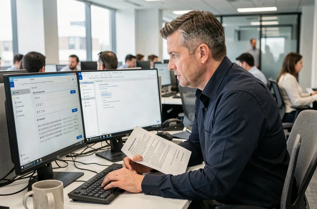 Homme au bureau consultant un panneau de paramètres Windows pour résoudre un problème de code Alt de flèche directionnelle