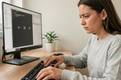 Femme utilisant des raccourcis clavier flèche sur un clavier mécanique dans un bureau à domicile