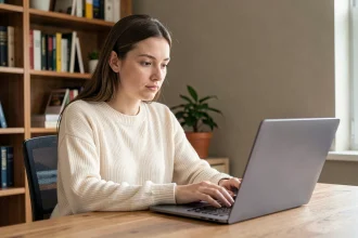 Jeune femme concentrée rédigeant des prompts précis sur un ordinateur portable dans un bureau à domicile moderne