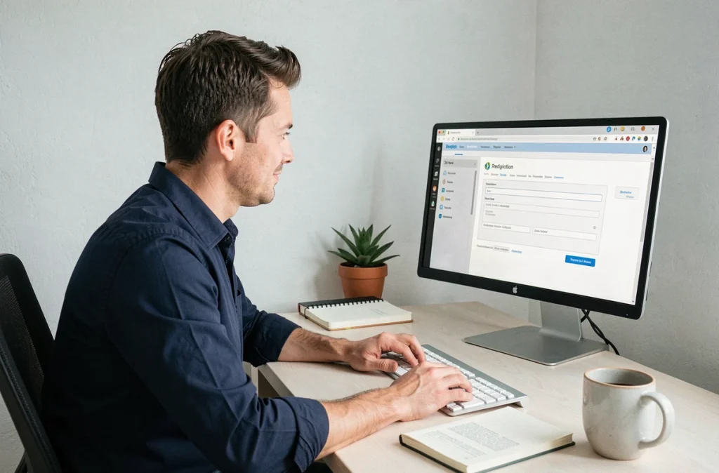 Homme configurant la redirection de son webmail académique vers une adresse personnelle depuis son bureau à domicile