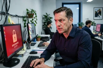 Responsable informatique d'une PME française face à un écran affichant un message de ransomware