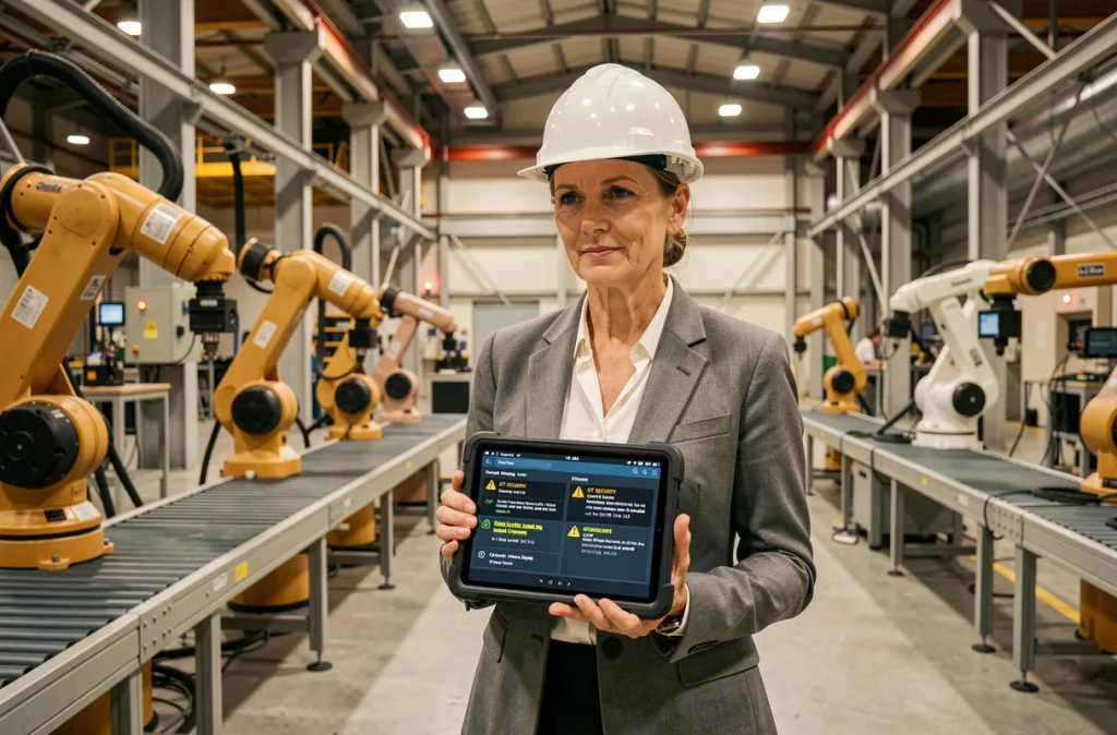 Responsable sécurité informatique inspectant un système de surveillance OT dans une usine automatisée de l'industrie 4.0