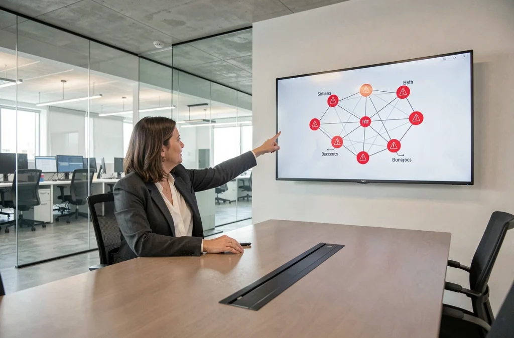 Experte en sécurité informatique présentant les failles des réseaux IoT lors d'une réunion d'entreprise
