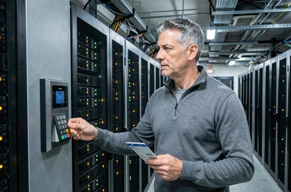 Un technicien IT utilise un badge et un code PIN pour accéder à une salle de serveurs sécurisée