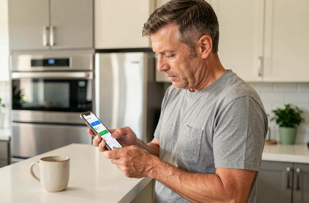 Homme déverrouillant un gestionnaire de mots de passe via empreinte digitale sur smartphone dans une cuisine