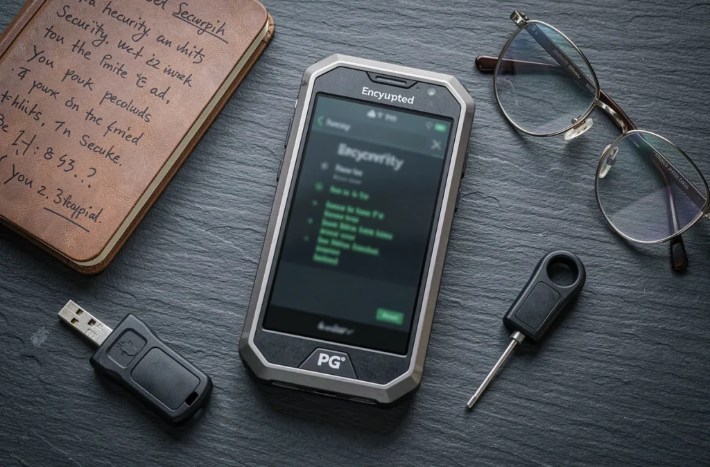 Téléphone PGP chiffré avec accessoires de sécurité numérique en vue aérienne
