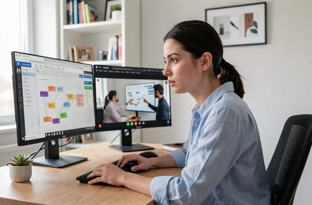Femme en télétravail collaborant à distance sur une présentation en ligne avec des collègues via visioconférence et outils de co-édition