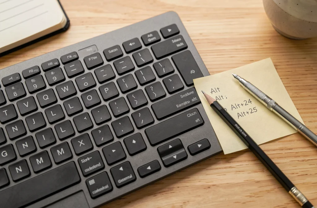Gros plan sur les touches fléchées d'un clavier avec une note manuscrite indiquant des codes Alt pour caractères directionnels