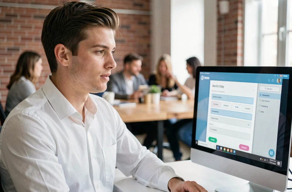 Jeune professionnel consultant un gestionnaire de mots de passe sécurisé sur écran d'ordinateur dans un espace de coworking