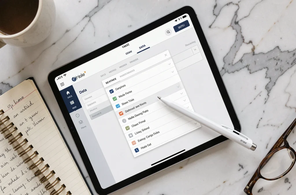Vue aérienne d'une tablette affichant un formulaire avec liste déroulante sur un bureau en marbre