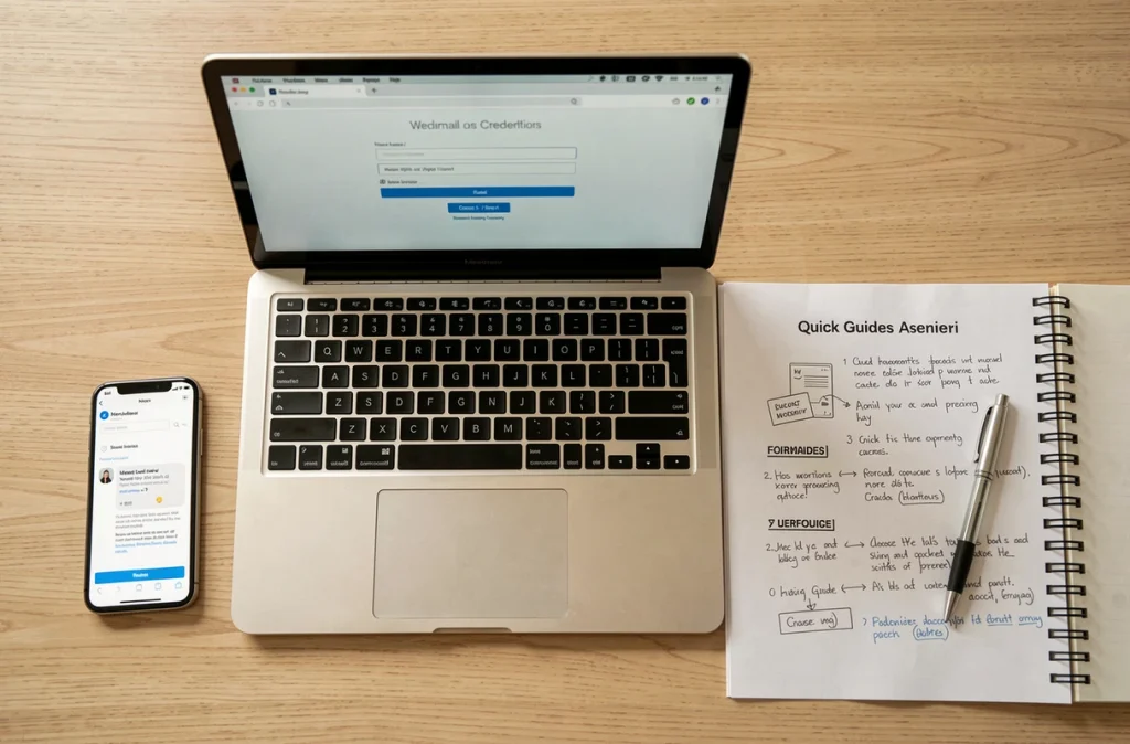 Vue de dessus d'un bureau étudiant avec un ordinateur portable ouvert sur la page de connexion du webmail ac-rennes et un guide imprimé