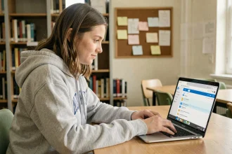 Étudiante connectée à son webmail académique de Rennes sur un ordinateur portable dans une bibliothèque universitaire