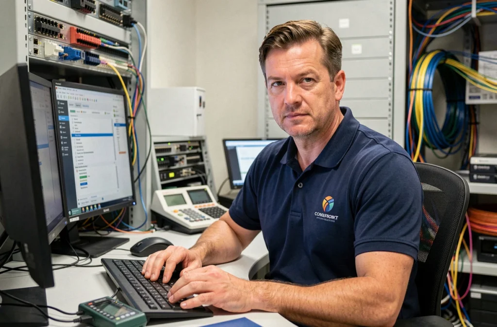 Technicien informatique d'ACI Technology analysant un réseau sur son poste de travail professionnel